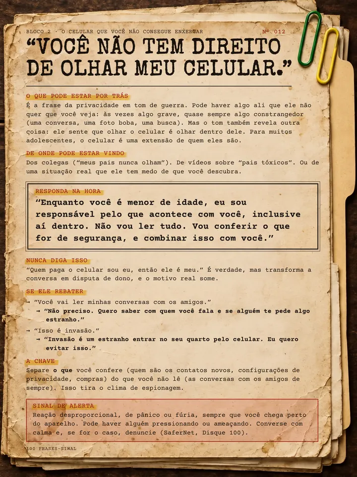 Página real do manual: Frase-Sinal Nº 012, “Você não tem direito de olhar meu celular.”